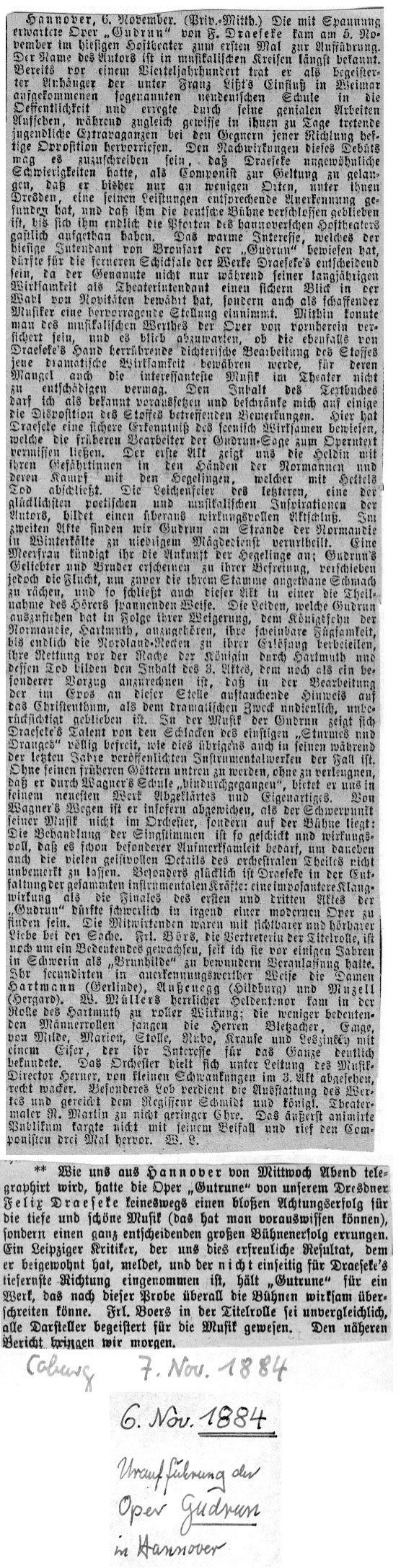 Review of Gudrun premiere, Coburger Zeitung (6/7 Nov 1884)