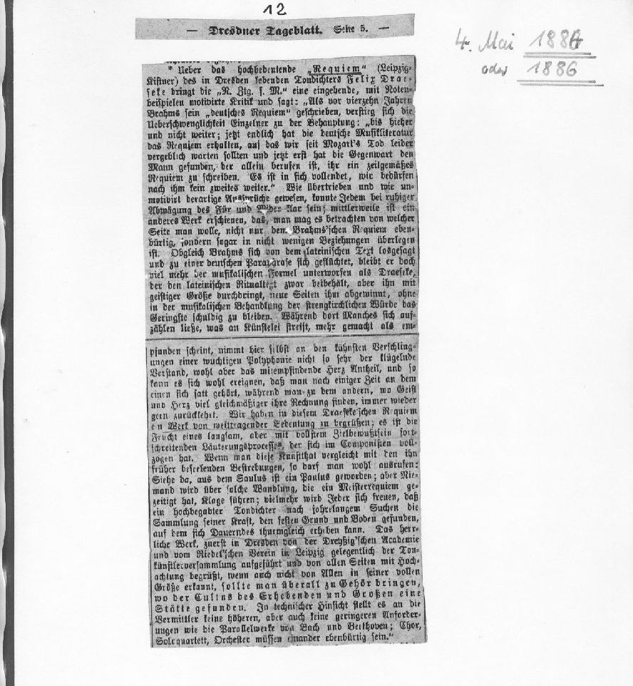 Dresdner Tageblatt, Leipziger Tageblatt: 1886 Requiem H-moll