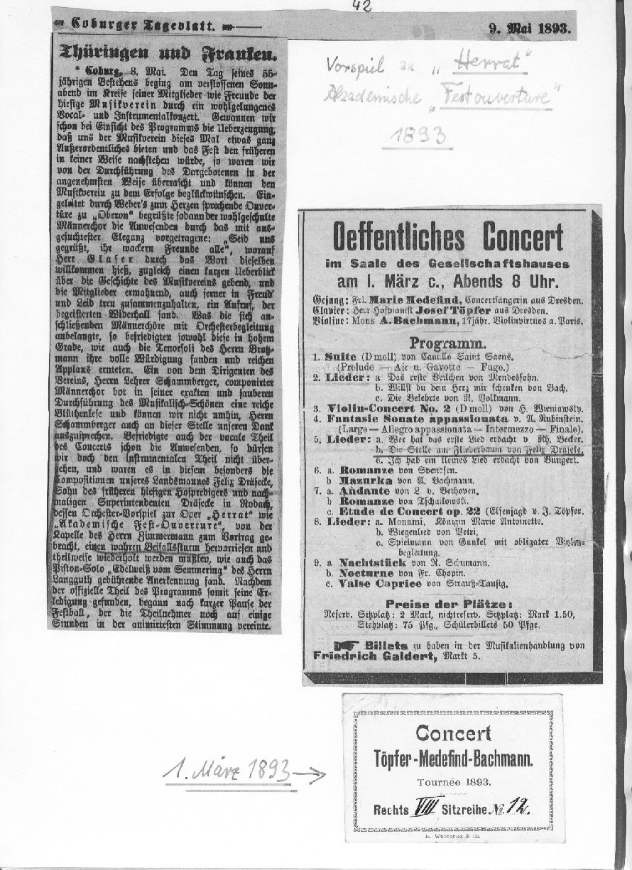 Coburger Tageblatt (9 Mai 1893): Vorspiel Herrat u. Akademische Fest Ouverture op. 63 in Coburg 