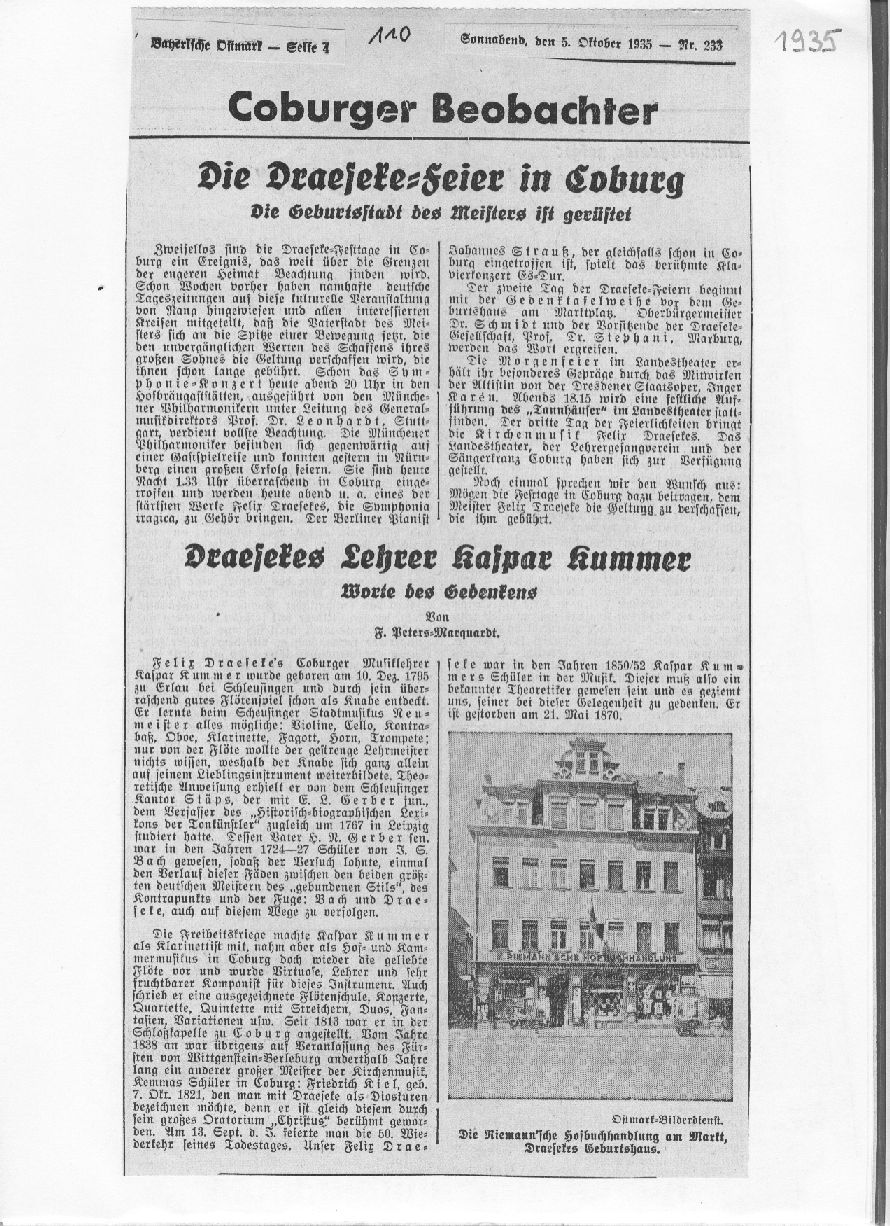 Die Draeseke-Feier in Coburg: Die Geburtsstadt des Meisters ist gerüftet; Draesekes Lehrer Kaspar Kummer (Coburger Beobachter, 5 Okt 1935)