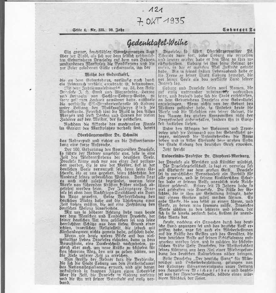 Gedenktafel-Weihe (Coburger Tageblatt, 7 Okt 1935) 