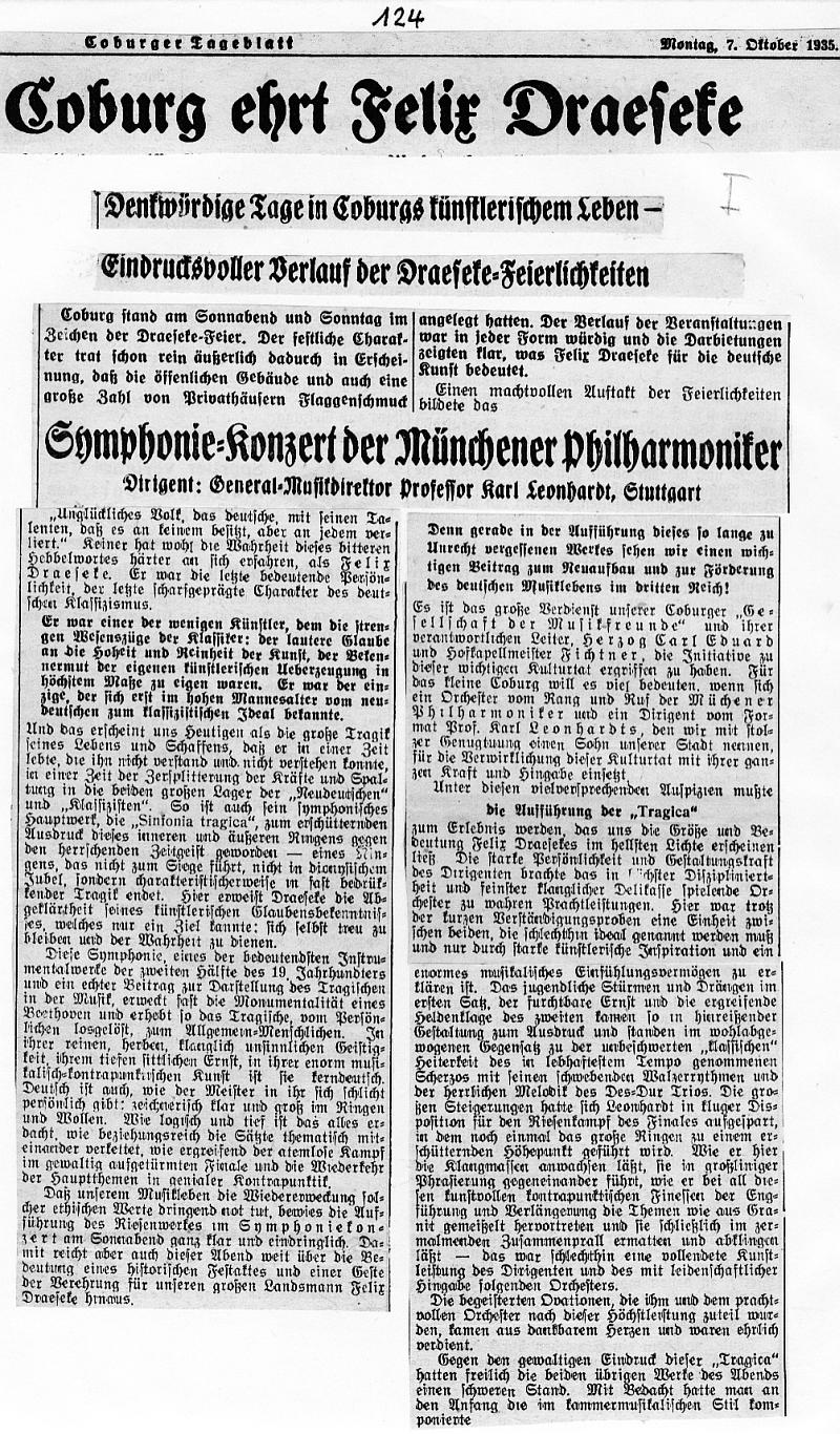 Coburg ehrt Felix Draeseke (Coburger Tageblatt, 7 Okt 1935) Mumich Philharmonic, Karl Leonhardt: Sinfonia Tragica