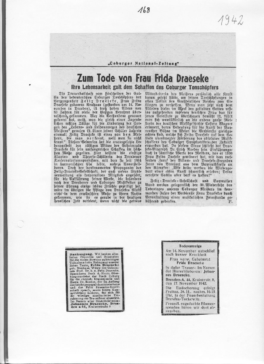Zum Tode von Frau Frida Draeseke (Coburger National-Zeitung, Nov 1942) 