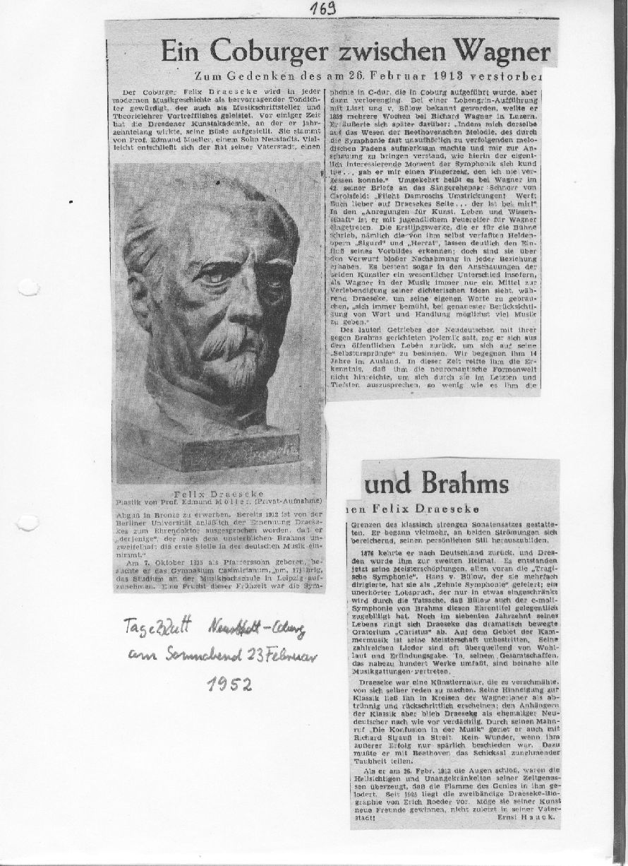 Ein Coburger zwischen Wagner and Brahms (E. Hauck, Tageszeit Neustadt-Coburg, 23 Feb 1952) 