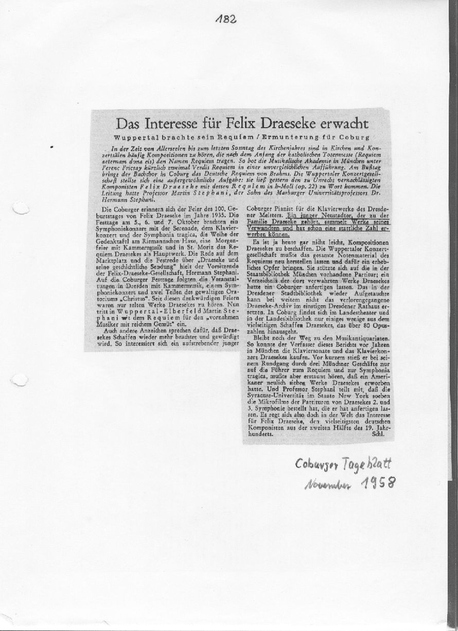 Das Interesse für Felix Draeseke erwacht (H. Schleder, Coburger Tageblatt, Nov 1958)