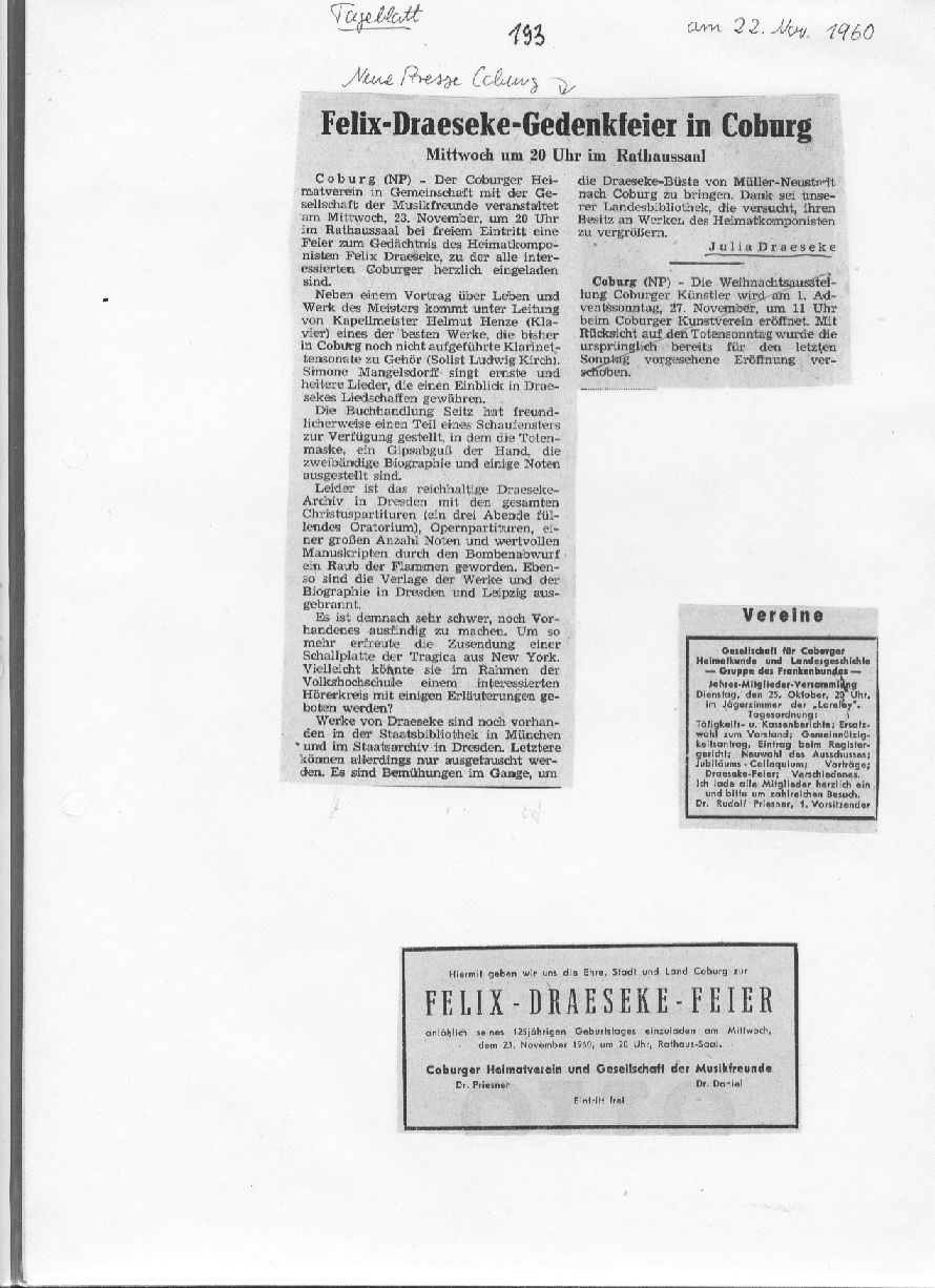 Felix Draeseke Gedenkfeier in Coburg 1960 (Julia Draeseke, Neue Presse Coburg, 22 Nov 1960) 