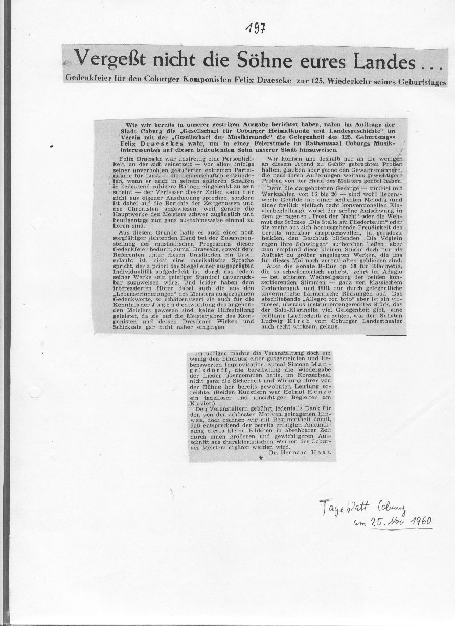 Verget nicht die Shne eures Landes (Dr. Hermann Haas, Tageblatt Coburg, 25 Nov 1960) 