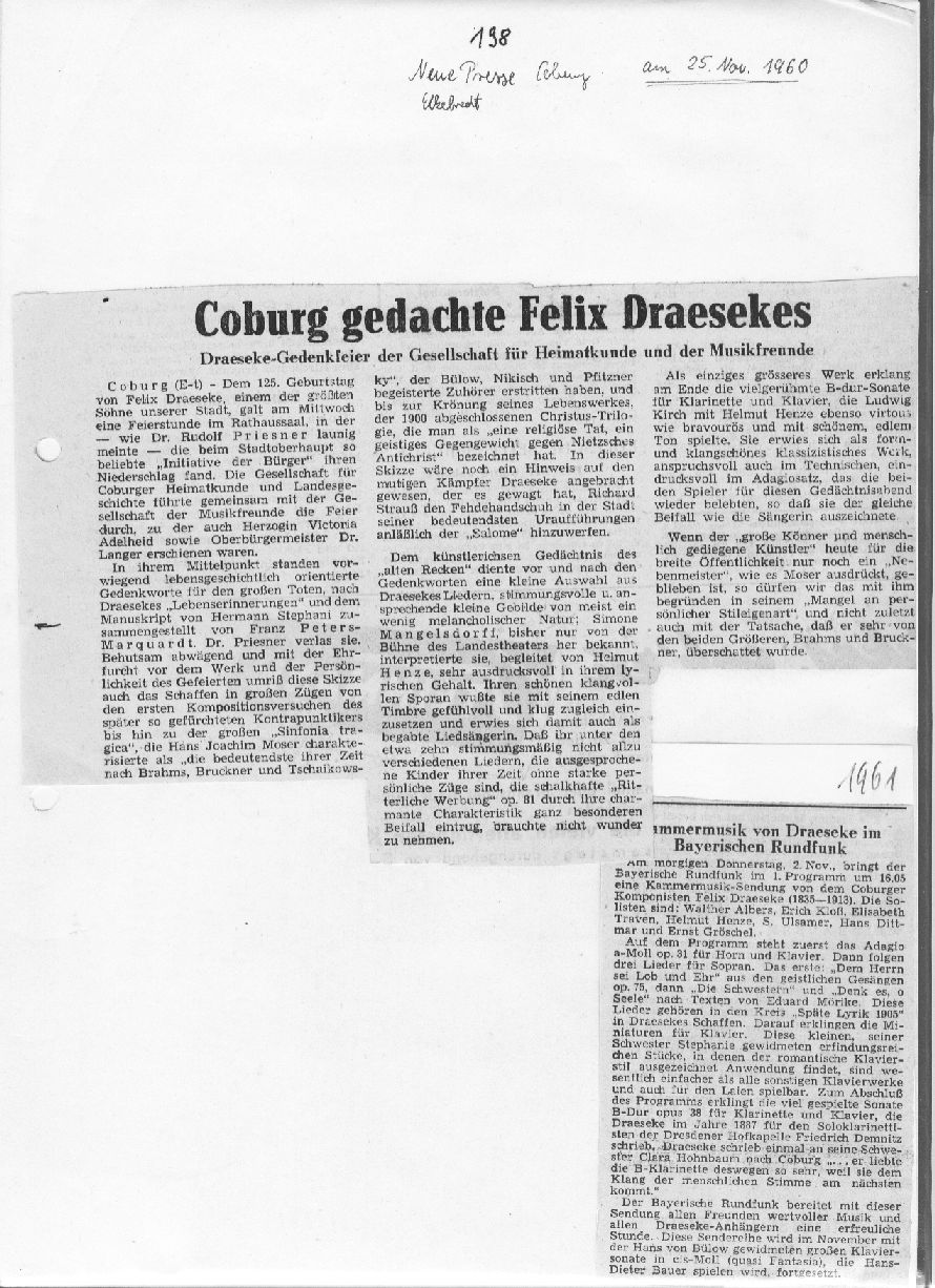 Coburg gedachte Felix Draeseke (Neue Presse Coburg, 25 Nov 1960)