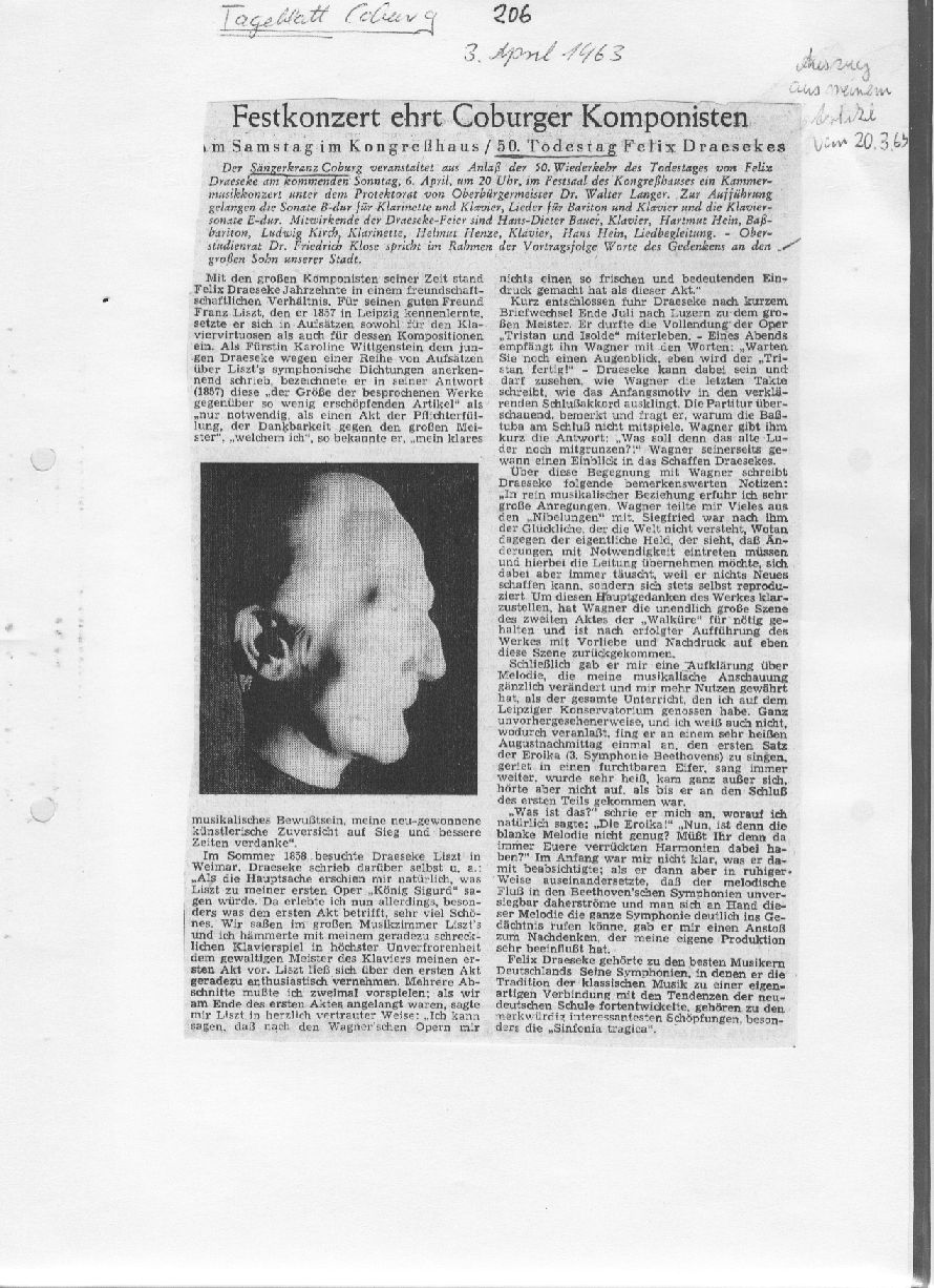 Festkonzert zum 5. Todestag Draesekes im Kongreßhaus Coburg (Coburger Tageblatt, 3 Apr 1963) 
