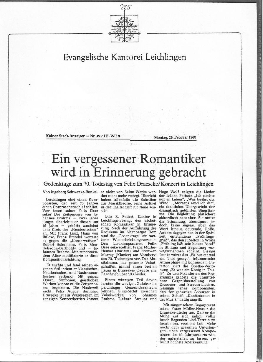 Kantorei Leichlingen: Ein vergessener Romantiker wird in Erinnerung gebracht - Gedenktage zum 70. Todestag von Felix Draeseke (Kölner Stadt-Anzeiger 28 Feb 1983) 