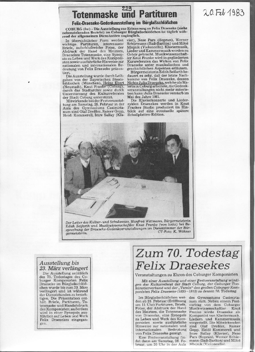 Totenmaske and Partituren: Felix-Draeseke-Gedenkaussetellung (20, 22 Feb 1983) 