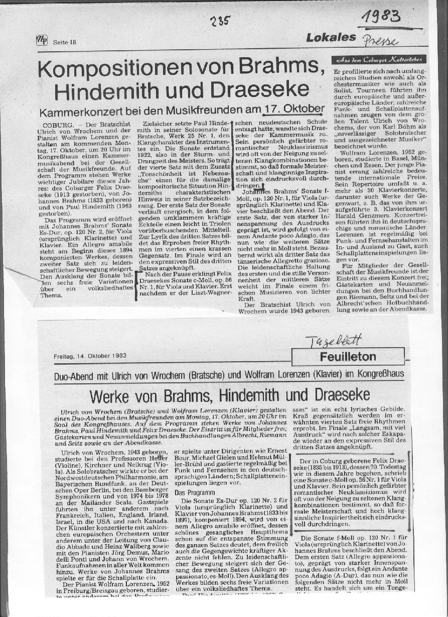 Aufführung der Sonate C-moll op-56 Nr.1 für Viola und Klavier (Coburger Tageblatt; Neue Presse, Okt 1983) 