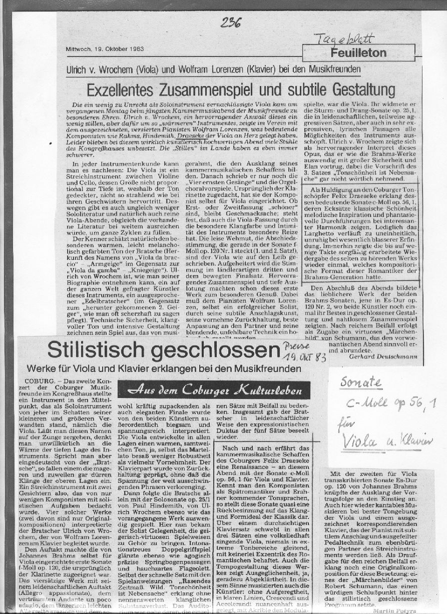 Aufführung der Sonate C-moll op-56 Nr.1 für Viola und Klavier (Coburger Tageblatt; Neue Presse, Okt 1983) 