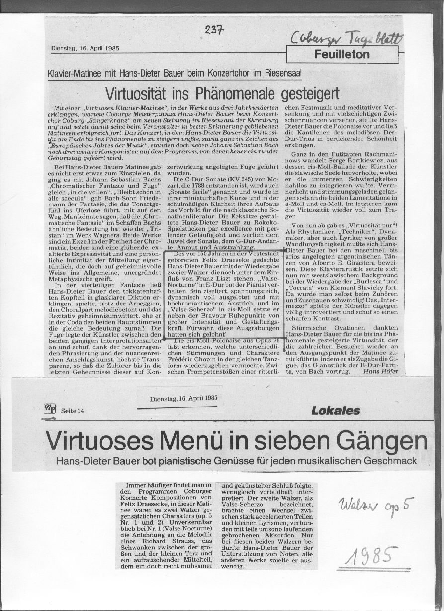 Aufführung Nocturne E-dur, Scherzo Cis-moll op. 5 Nr. 1 u. 2 (Neue Presse; Coburger Tageblatt, Apr 1985) 