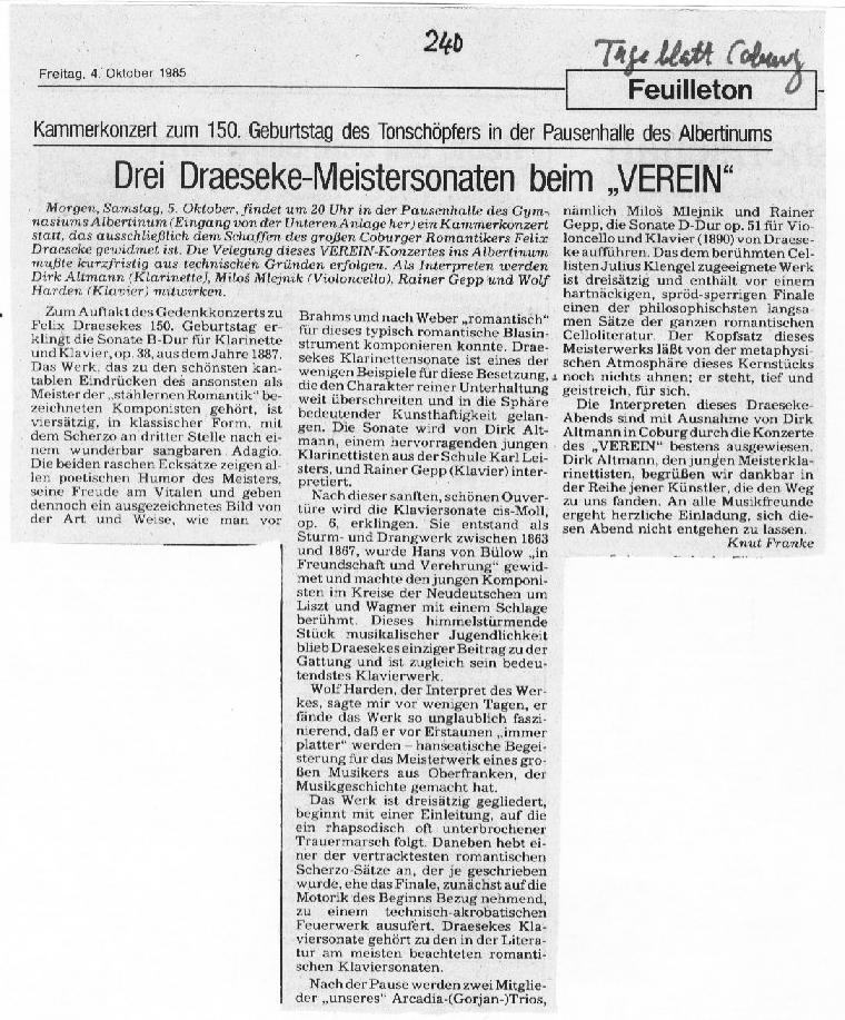Zum 150. Geburtstag Felix Draesekes: Höfer, Franke, Ebert (Okt 1985)