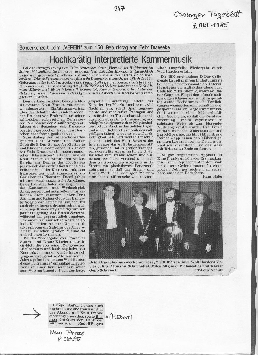Hochkarätig interpretierte Kammermusik b.Verein (Hans Höfer, Coburger Tageblatt, 7 Okt 1985) 