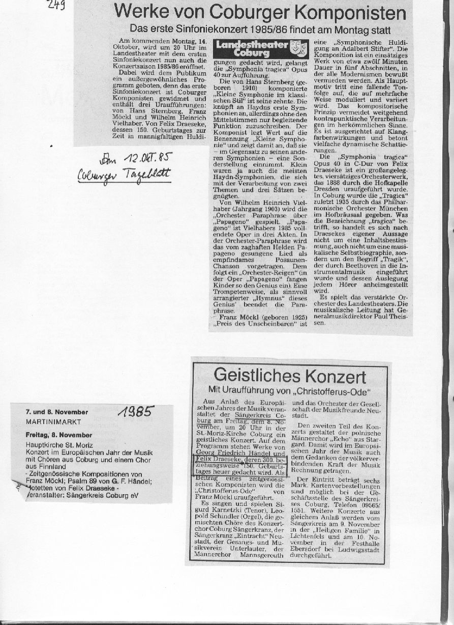 Werke von Coburger Komponisten (Coburger Tageblatt, 12 Okt 1985); Geistliches Konzert (7/8 Nov 1985)