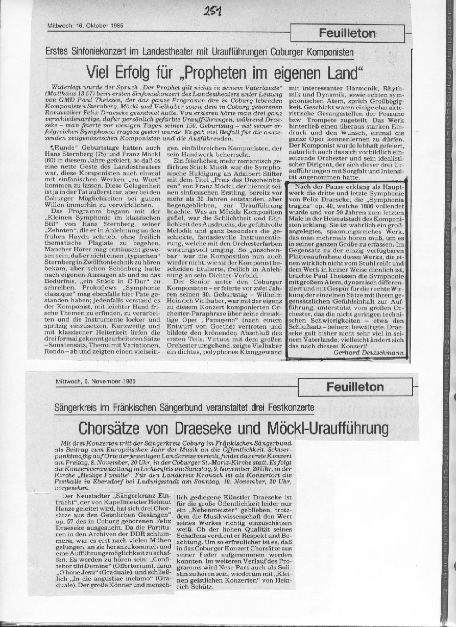 Drei geistliche Chorsätze op. 57 beim Fränkischen Sängerbund (6 Nov 1985) - Propheten im eigenen Land (Gerhard Deutschmann, 16 Okt 1985)