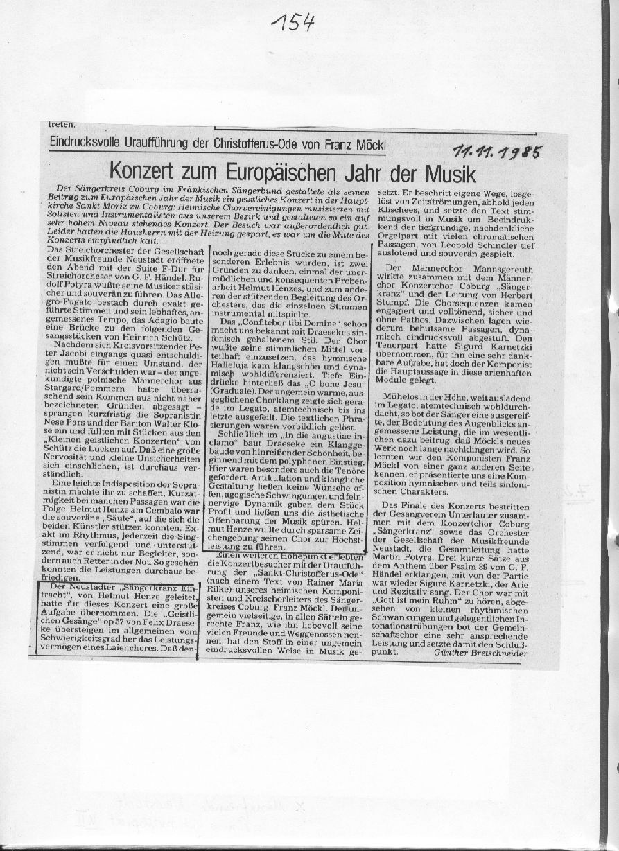 Eintracht Neustadt, Geistliches Konzert zum Europischen Jahr der Musik 1985, op. 57 fr gem. Chor von Felix Draeseske 1985