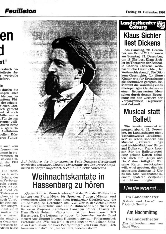 Friedrich Klose: "Christus Mysterium" von Felix Draeseke aufgeführt - Gewagtes Unternehmen gelang hervorragend (Neue Presse Coburg, 21 Dez 1990) 