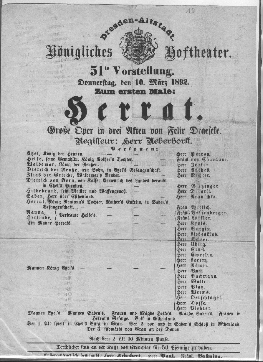 Programm: Oper "Herrat", Hoftheater, Dresden 1892 