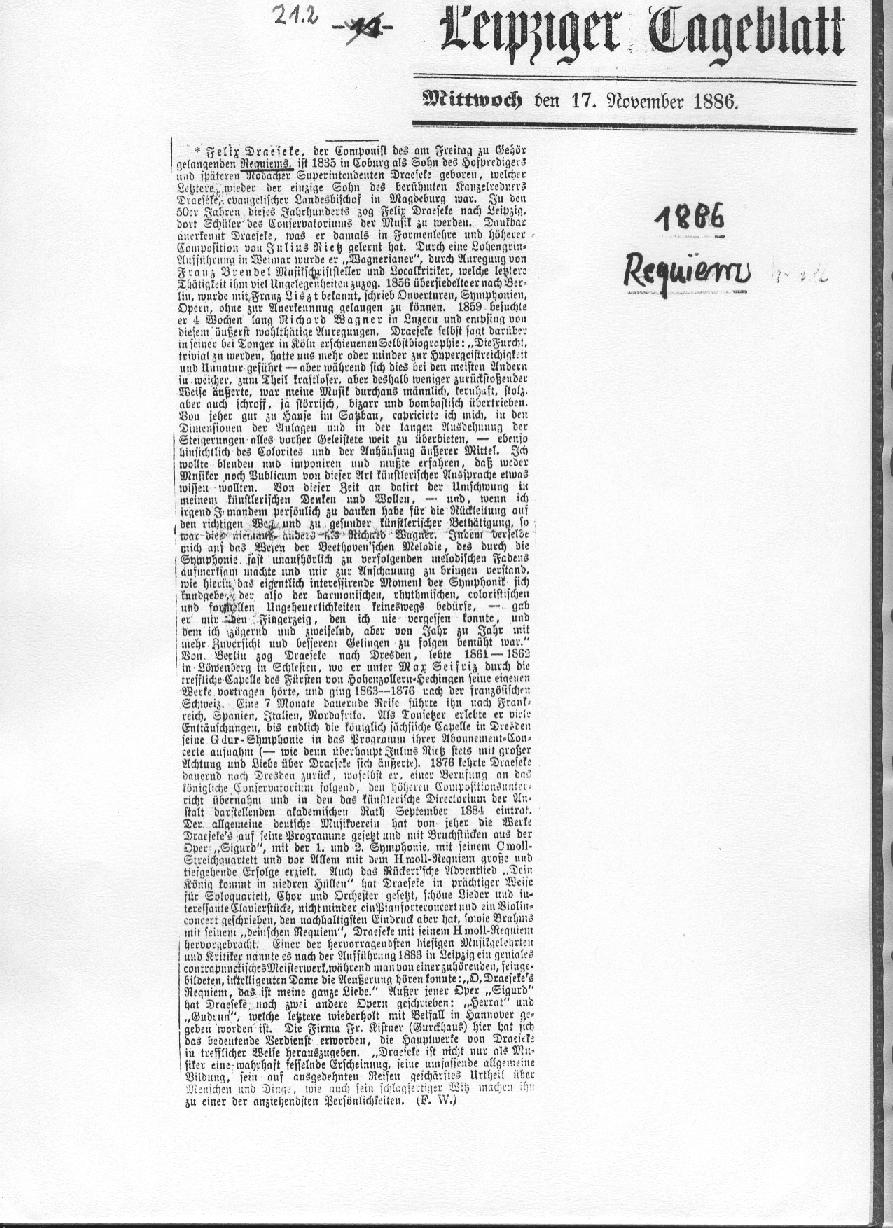 Draesekes Requiem in h-moll, op. 22 (Leipziger Nachrichten 1886; Leipziger Tageblatt 1886)