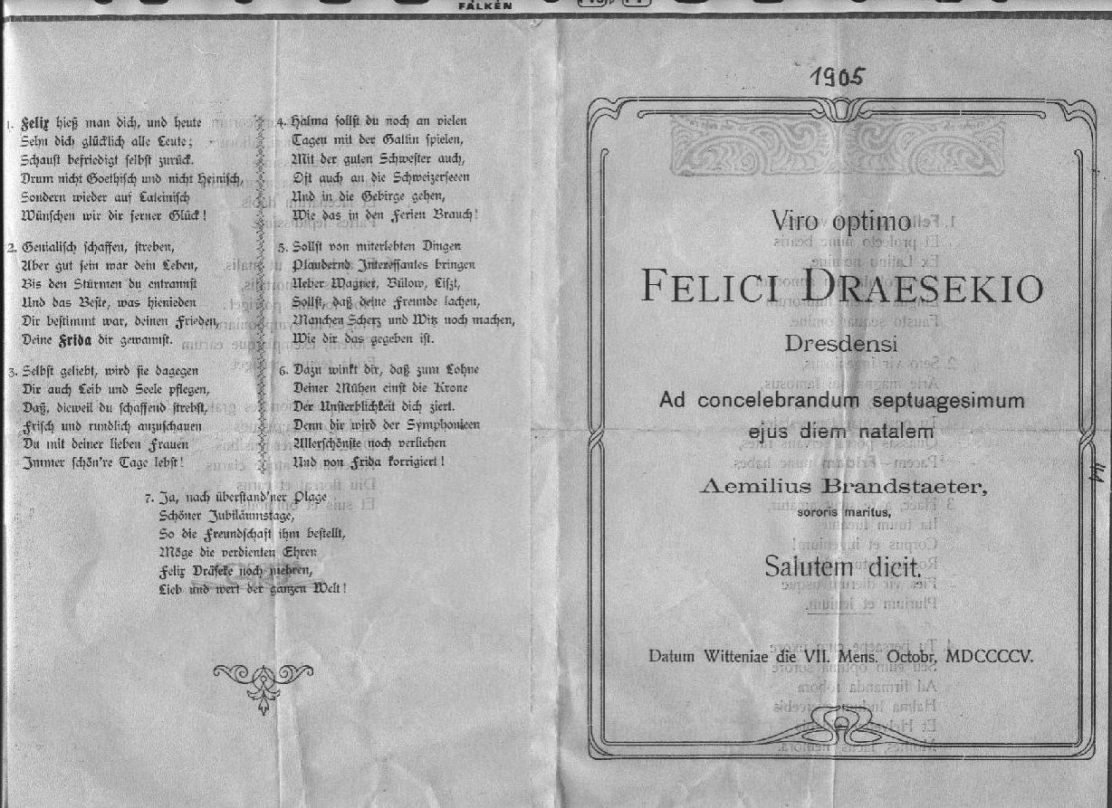 Emil Brandstaeter: "Viro optimo Felici Draesekio" 1905