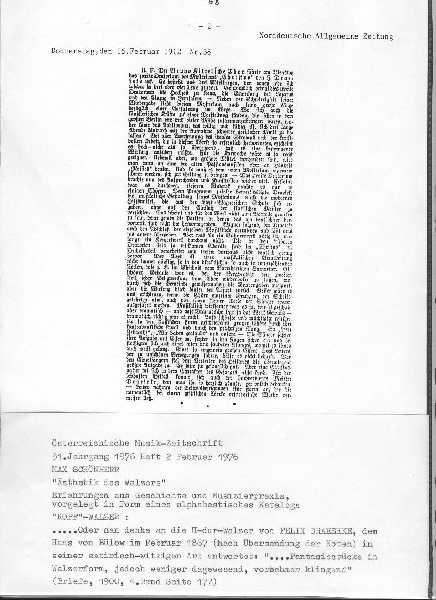 Christus (Norddeutsche Allgemeine Zeitung, 15 Feb 1912); Hans von Bülow über H-dur Walzer von Draeseke