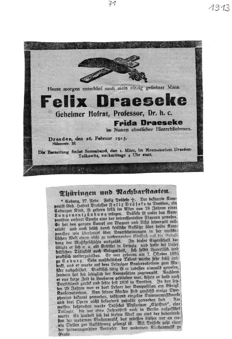 Todesanzeige: Felix Draeseke 1913