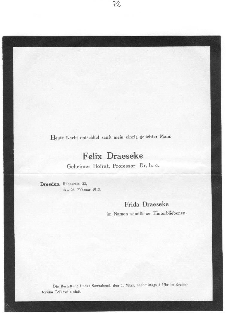 Todesanzeige: Felix Draeseke 1913