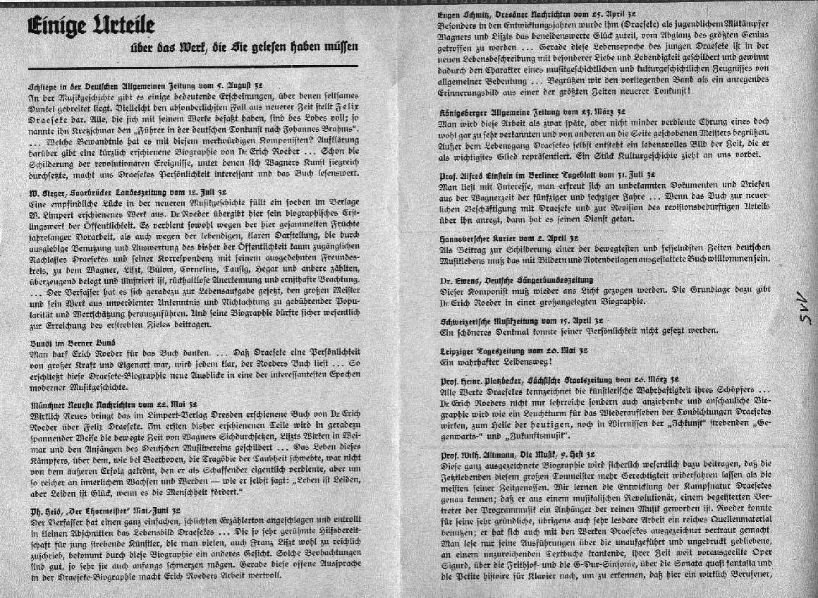 Einige Urteile über die Draeseke-Biographie von Erich Roeder