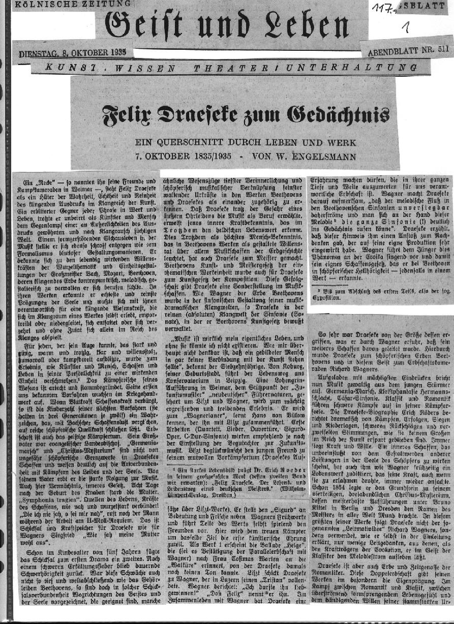 Walter Engelsmann: Felix Draeseke zum Gedächtnis (Kölnische Zeitung: 8 Okt 1935)
