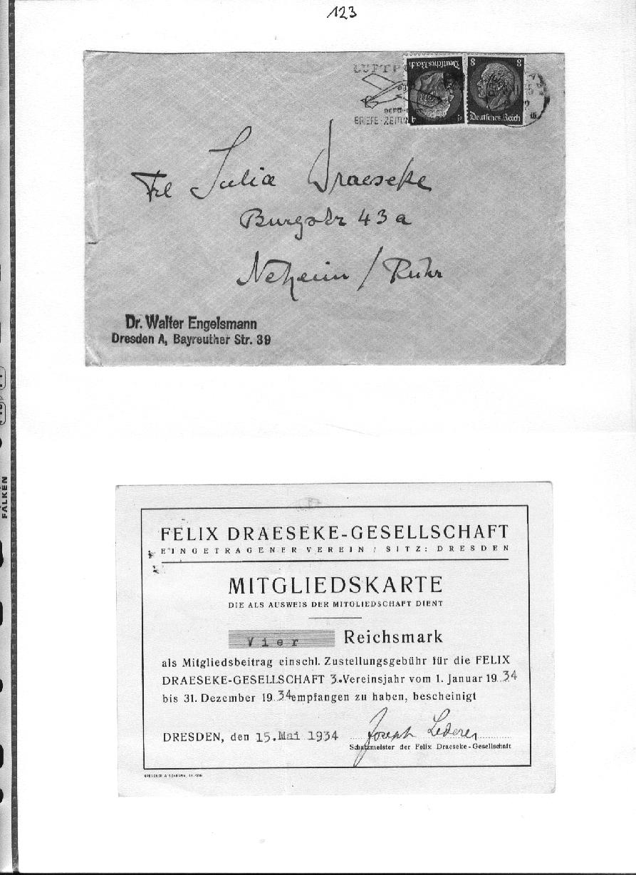 Engelsmann: Unterricht bei einem deutschen Meister (Autogr.); Mitgliedskarte der Felix-Draeseke-Gesellschaft