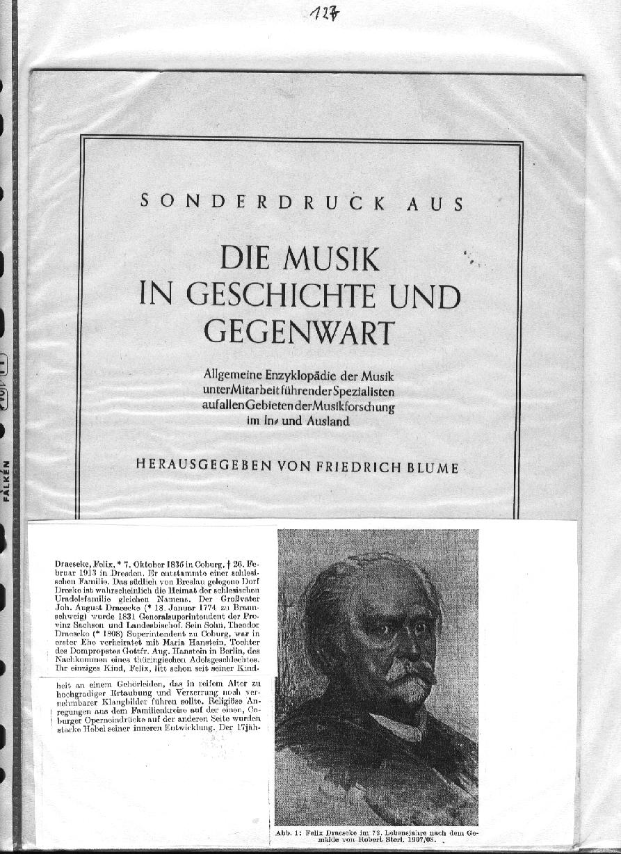 Hermann Stephani: Felix Draeseke aus "Die Musik in Geschichte und Gegenwart" (Friedrich Blum, Herausg.)