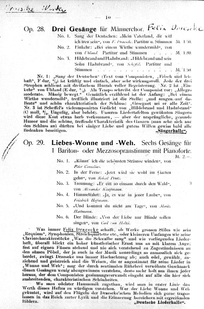 Kritiken: op. 27 Quartett, op. 28 3 Gesänge, op. 29 Liebes-Wonne- und-Weh (Musikalisches Wochenblatt, etc)