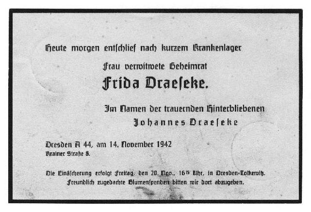 Todesanzeige von Frida Draeseke 14 November 1942