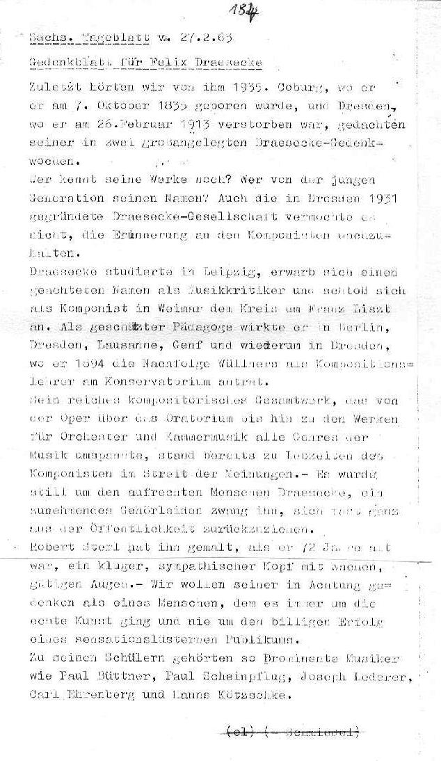 Gedenkblatt zum 50.Todestag, Sächsische Tageblatt 27 Feb 1963