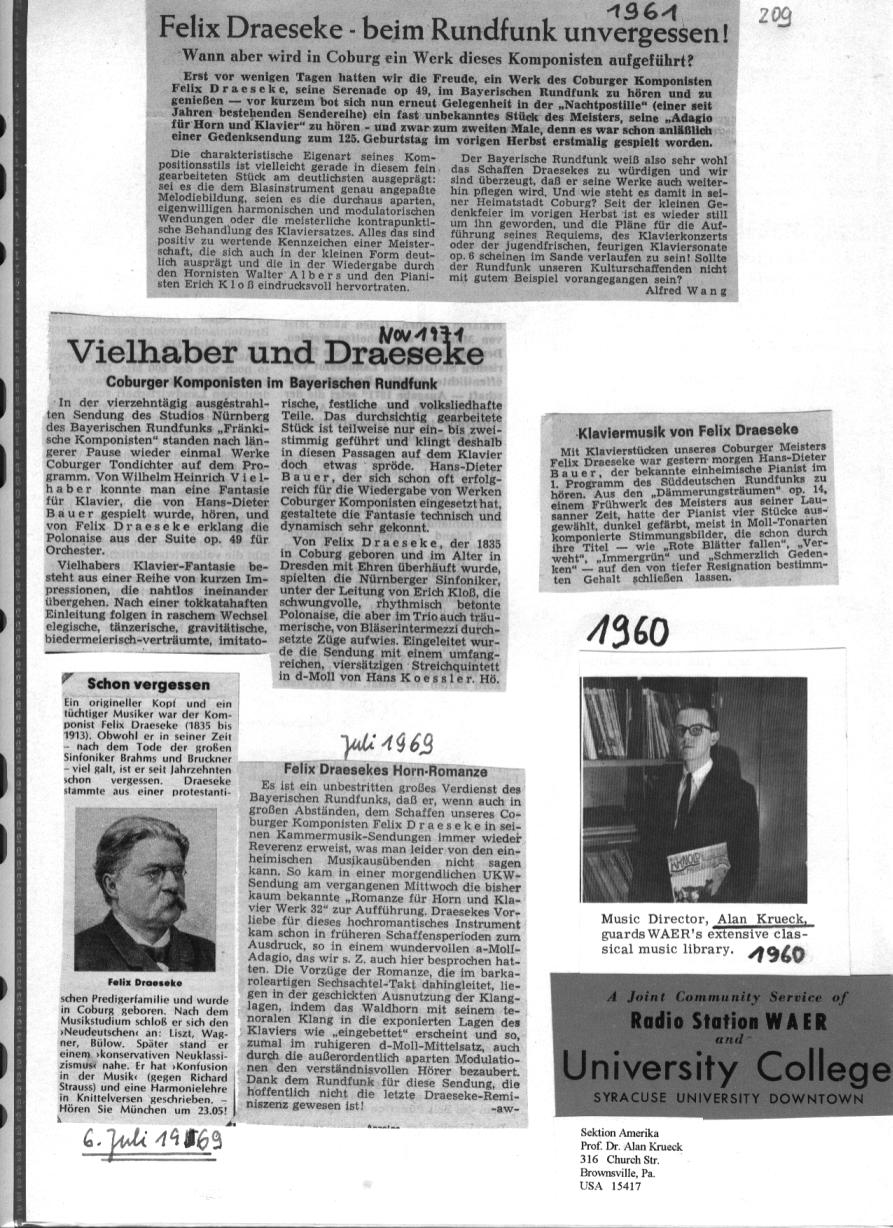 Draeseke: Sendungen im Bayerische Rundfunk, WAER Syracuse, NY, Alan Krueck Music Director, etc 1960-1971