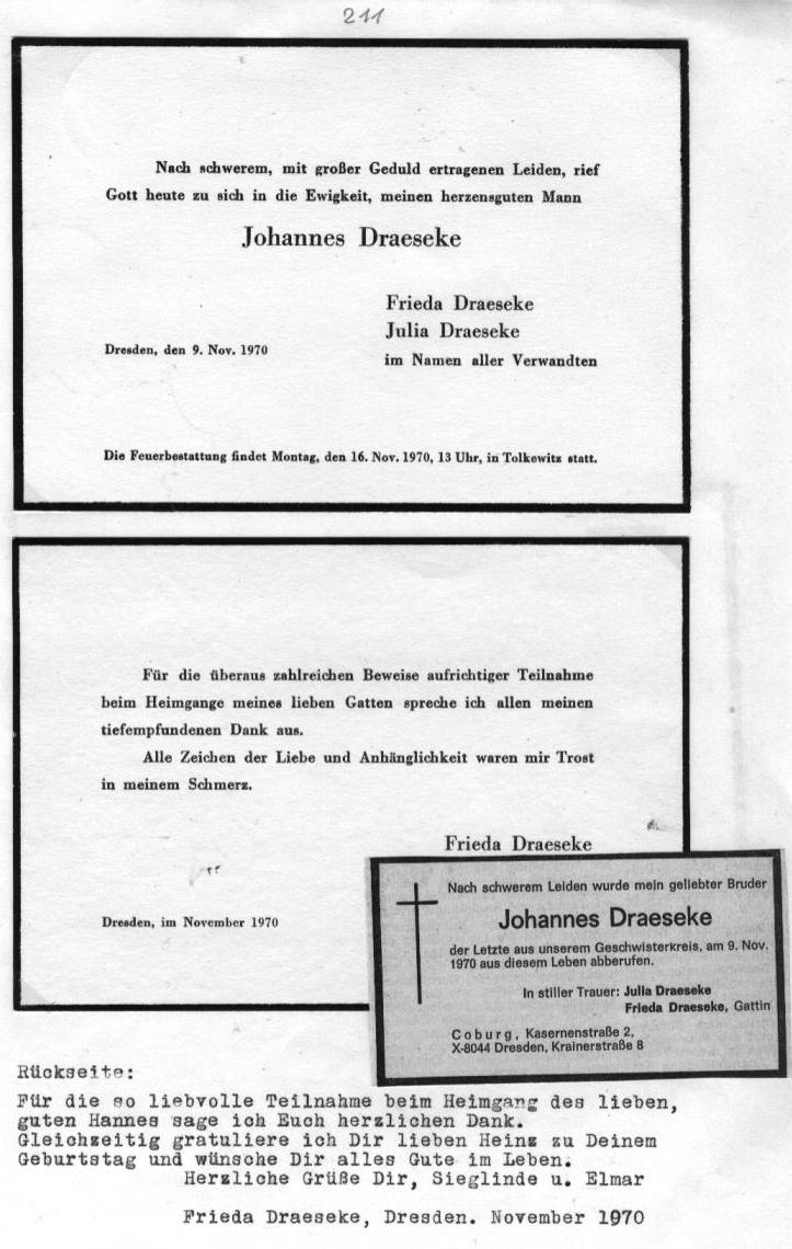 Todesanzeige: Melanie Draeseke (25 Sep 1880 - 5 Jul 1959), Johannes Draeseke (9 Nov 1970); Julia Draeseke (21 Jan 1890 - 25 Mai 1981)