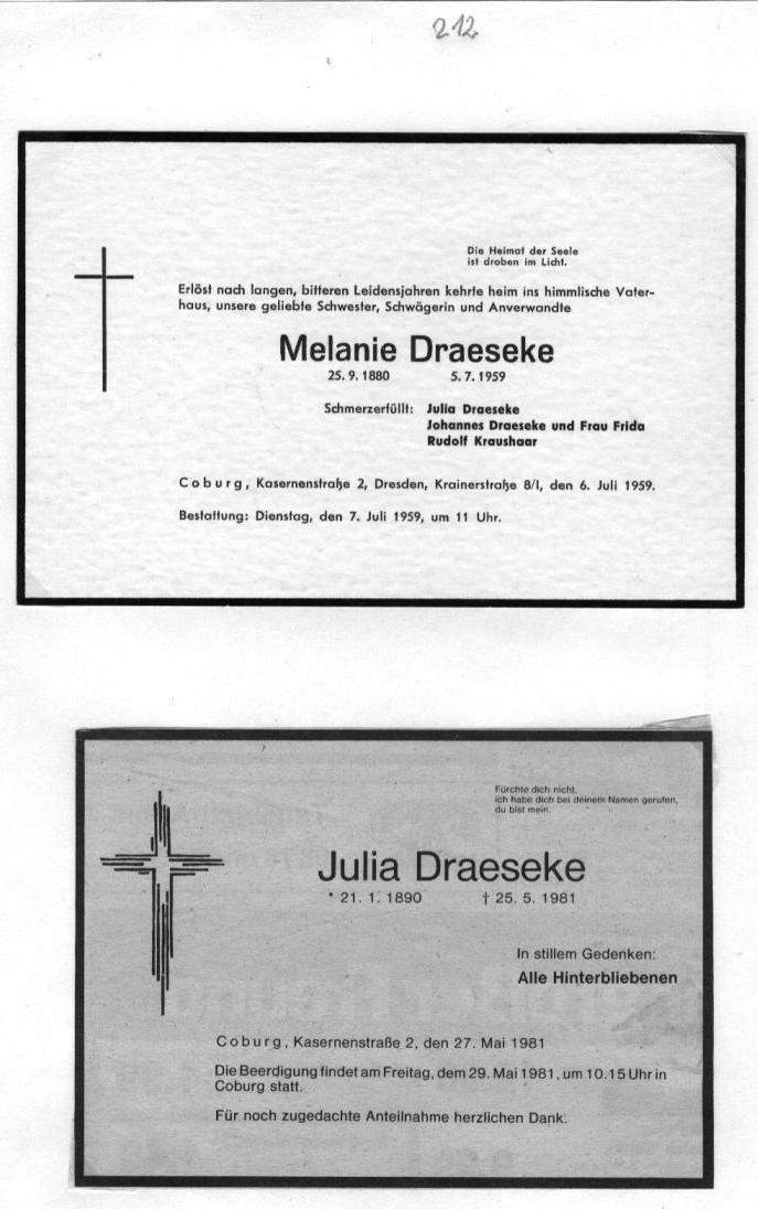 Todesanzeige: Melanie Draeseke (25 Sep 1880 - 5 Jul 1959), Johannes Draeseke (9 Nov 1970); Julia Draeseke (21 Jan 1890 - 25 Mai 1981)