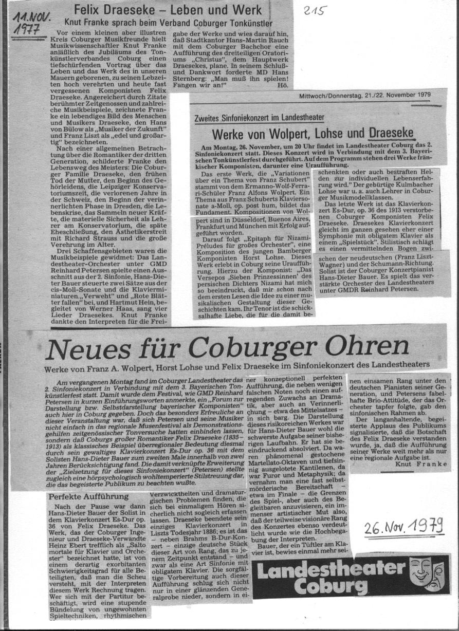 Neues für Coburger Ohren - Werke von Franz A. Wolpert, Horst Lohse und Felix Draeseke im Sinfoniekonzert des Landestheaters; Knut Franke: Felix Draeseke - Leben und Werk (Nov 1977) 