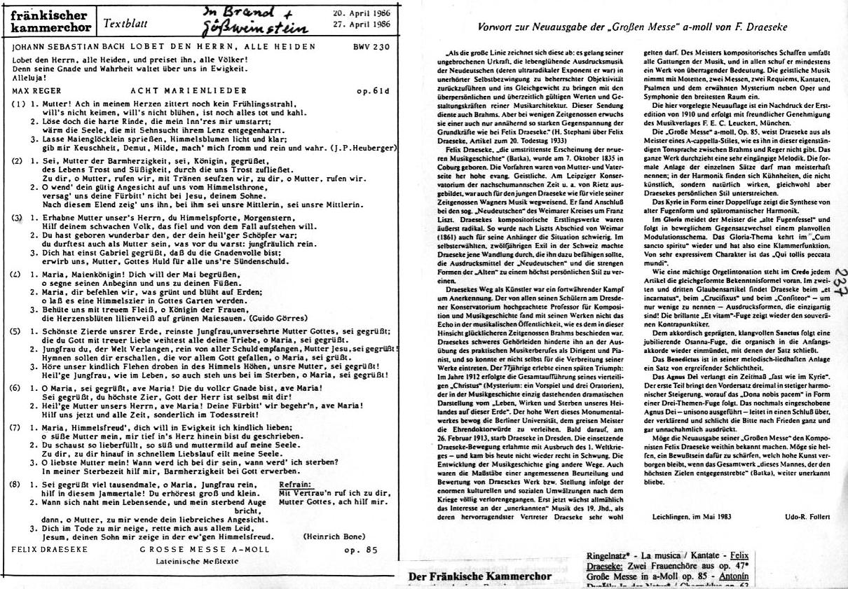Fränkischer Kammerchor (20, 27 Apr 1986): Bach - Lobet den Herrn BWV 230; Reger - Acht Marienlieder op 61d; Draeseke - Große Messe in a-moll, op 85