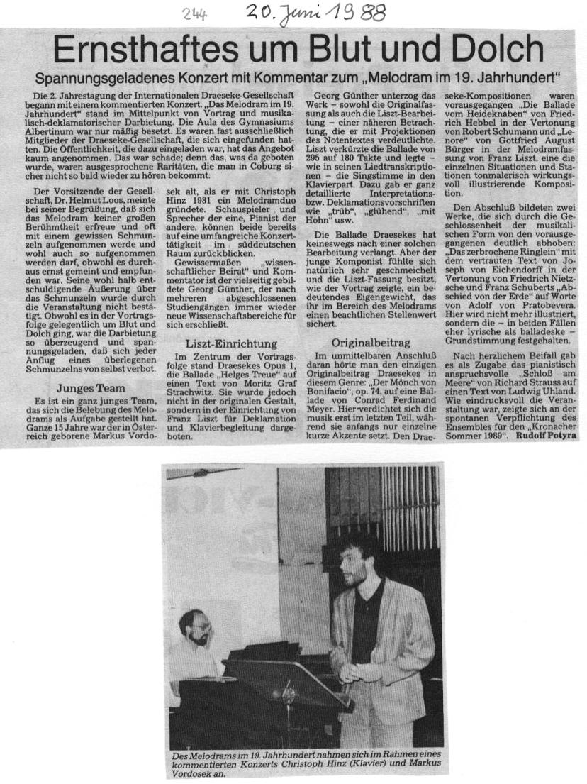 Tagung der IDG in Coburg 1988 - Ernsthaftes um Blut und Dolch "Melodram im 19. Jahrhundert" (Rudolf Potyra, 20 Jun 1988)