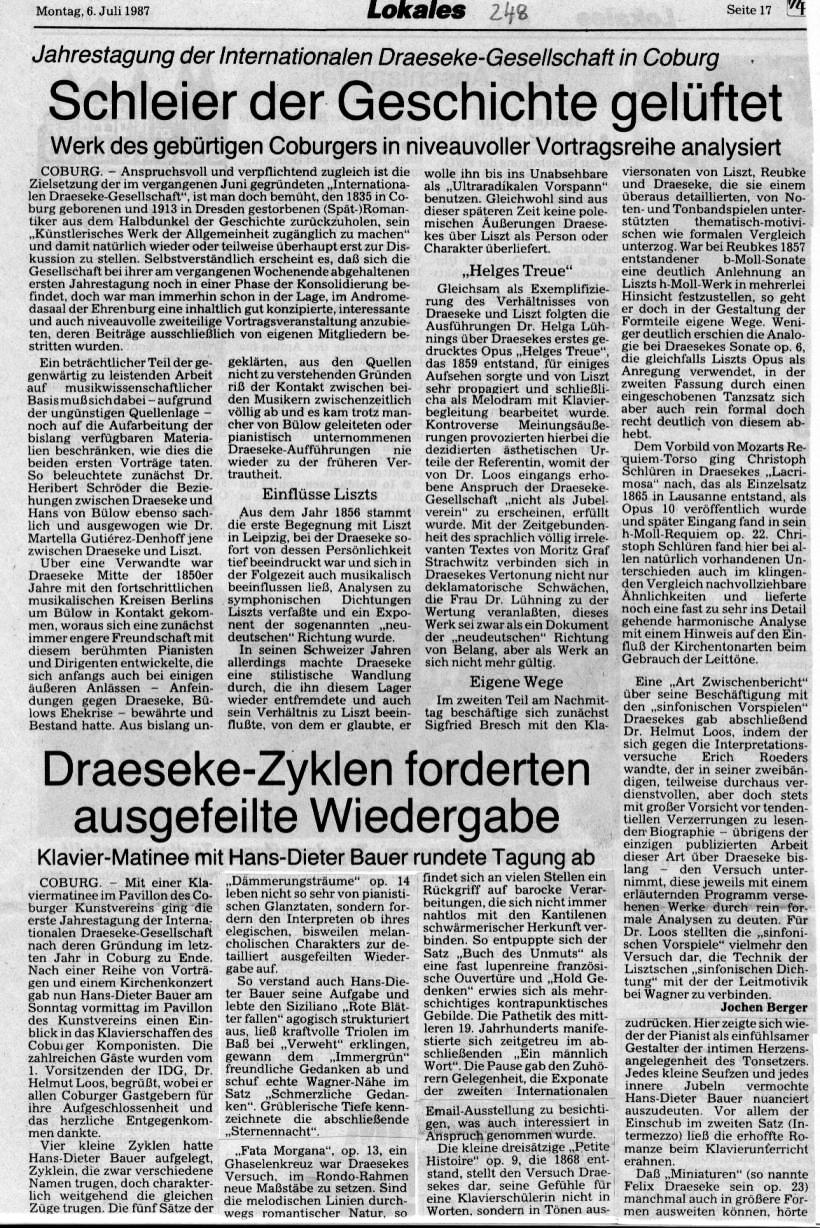 Jahrestagung der Draeseke-Gesellschaft in Coburg: Schleier der Geschichte gelüftet; Draeseke-Zyklen forderten ausgefeilte Wiedergabe (6 Juli 1987, Jochen Berger)