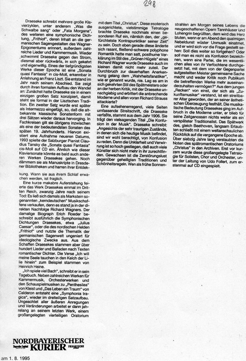 Friederike Haupt: Felix Draeseke - Ein Komponistenleben zwischen Liszt und Wagner "Ich bin ich und setze mich selbst" Festspielnachrichten Bayreuth 1995 (Nordbayerischer Kurier, August 1995) 