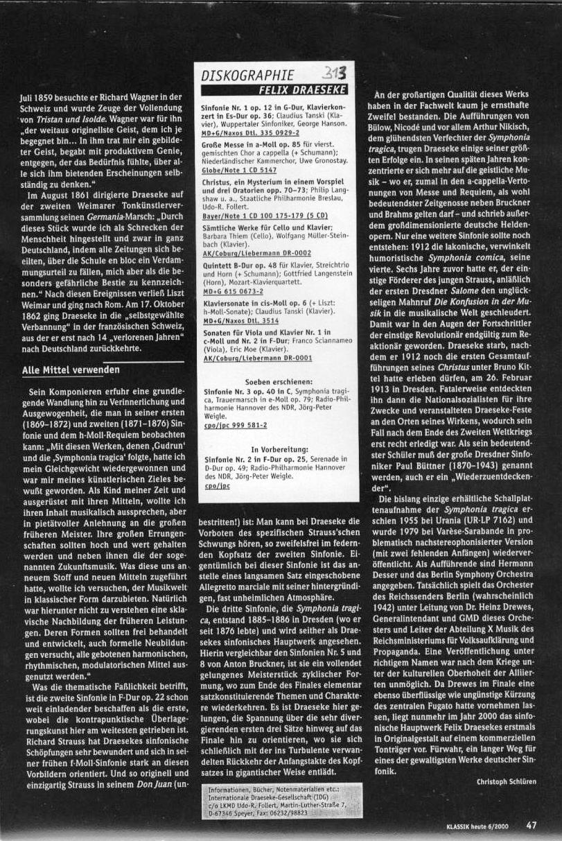 Christoph Schlüren: "Zukunftsmusik" in klassische Form, Klassik heute, 6/2000 