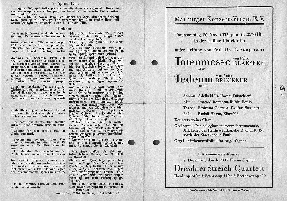 Pfarrkirche Marburg - Marburger Konzert-Verein E.V.: Draeseke - Requiem H-moll op. 22; Bruckner - Te Deum (Collegium Musicum, Konzertvereins-Chor, H. Stephani) - 20 Nov 1932