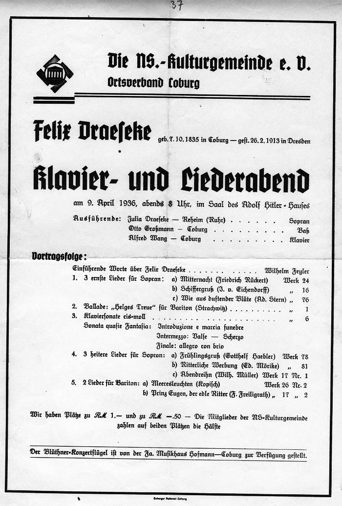 NS-Kulturgemeinde Coburg; Saale des Adolf Hitler-Haußes: Felix Draeseke Klavier- und Liederabend - 9 Apr 1936