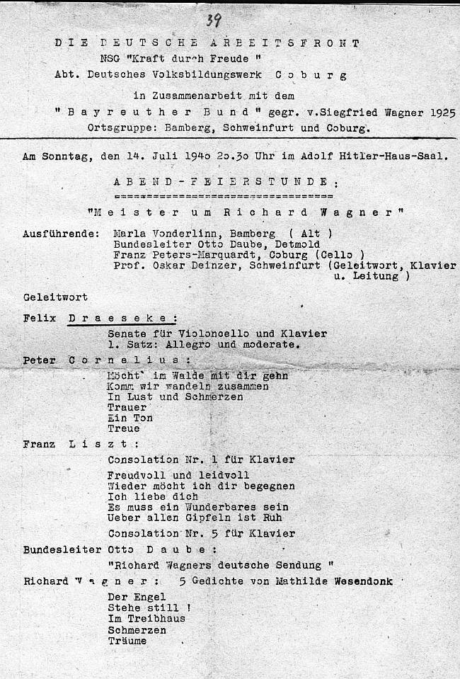 Feierstunde Deutsche Arbeitsfront - NSG "Kraft durch Freude" Adolf Hitler-Haus-Saal: Wagner, Cornelius, Liszt, Draeseke (Sonata für Violoncello) Coburg - 14 July 1940