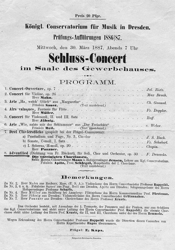 Könglische Conservatorium für Musik in Dresden. Schluss-Concert im Salle des Gewerbehauses. Rietz, Bruch, Gounod, Doppler, Raff, Chopin, Draeseke (Adventlied op. 30) - 30 März 1887 